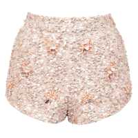 Shorts in paillettes con fiori ricamati