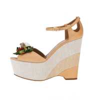 Zeppe in pelle e lino con inserti in stoffa