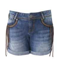 Shorts in denim con frange in pelle