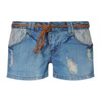 Shorts in denim con inserti in pizzo e cintura in ecopelle intrecciata