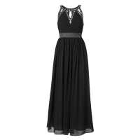 Abito lungo in chiffon con inserto in raso e applicazioni di cristalli