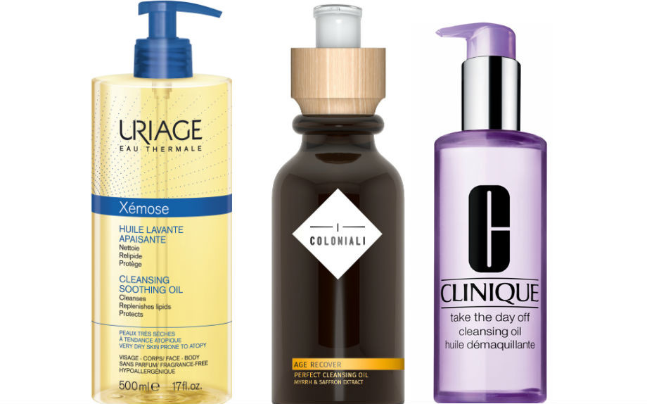 Da sinistra: Xémose Huile Lavante Apaisant di Uriage, Age Recover Perfect Cleansing Oil di I Coloniali e Take the Day Off Cleansing Oil di Clinique